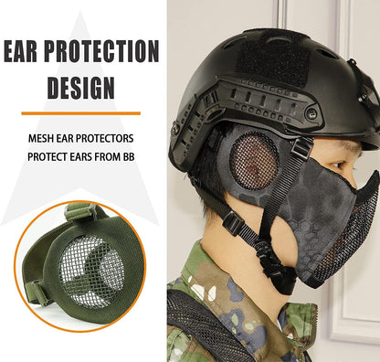 Airsoft Protective Gear Set, Half Face Mesh Mask with Ear Protection and Tactical Goggles for Adult Men Women BBS Paintball Shooting CS Survival Games Cosplay